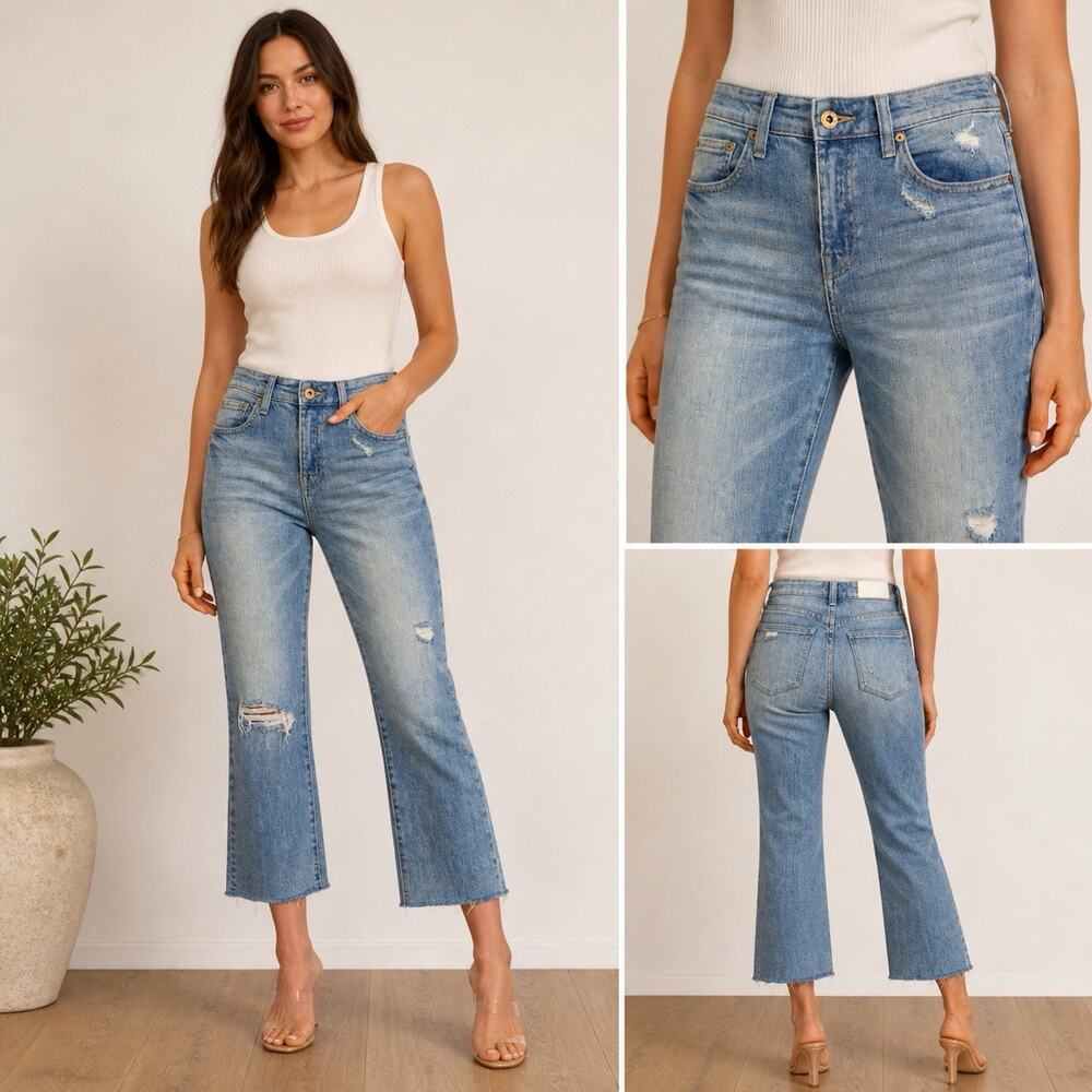 Pistola Women’s Distressed Light Wash Cropped Flare Jeans Size 24 Raw Hem